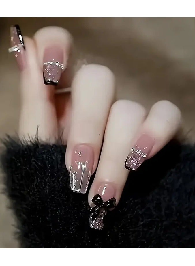 24-Piece Long Ballet Coffin Nails in Pink Tone with Glitter Pattern and Glossy Finish Featuring 3D Butterfly Accents - DZ072