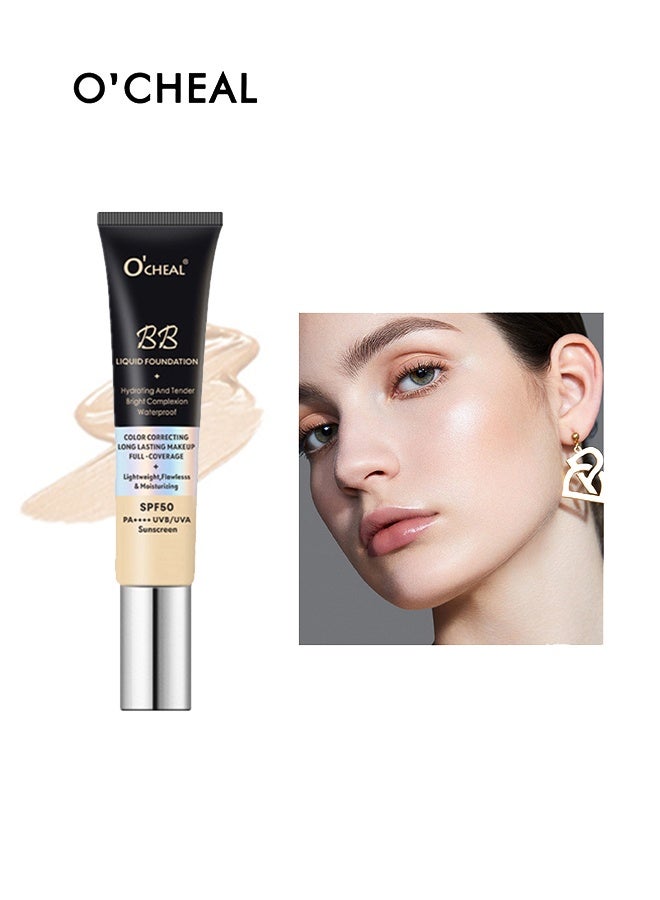 BB Liquid Foundation Color Correcting Long Lasting Makeup Full Coverage Lightweight, Flawless&Moisturizing Instant Age Rewind BB Cream Sunscreen SPF50PA++++ (01#Ivory)