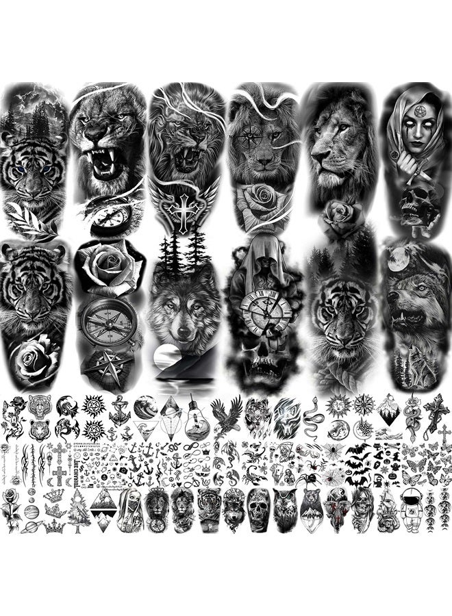 64 Sheets Large Black Arm Temporary Tattoos For Men Forearm Women Thigh, Half Sleeve Animals Lion Tiger Wolf Temp Tattoo Stickers Adults, Death Skull Compass Flower Fake Tattoos That Look Real