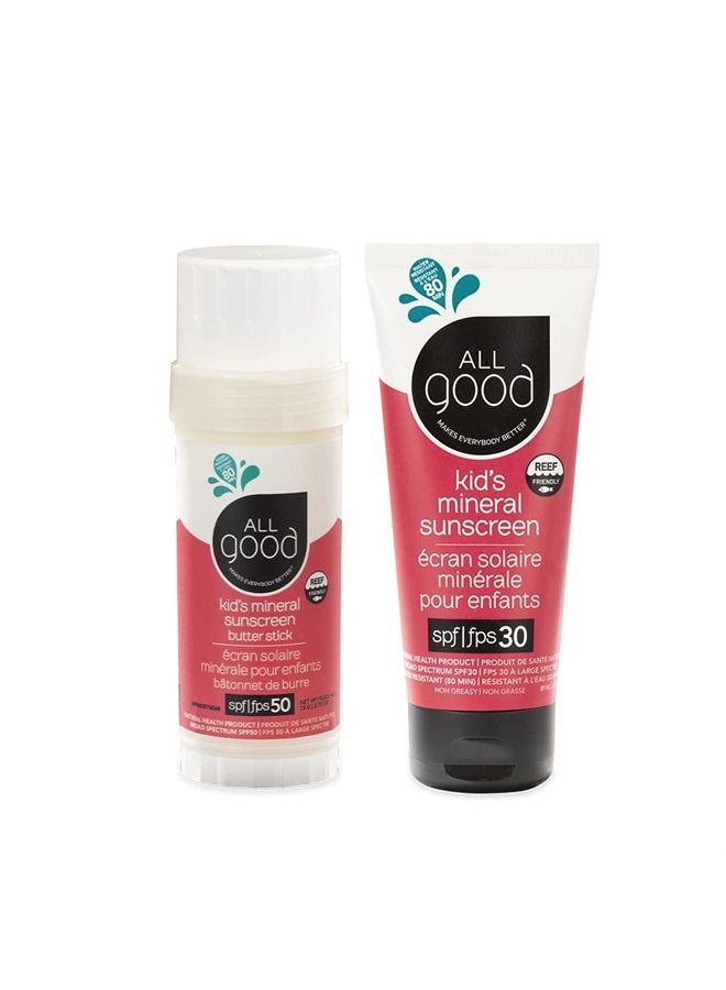 All Good Baby & Kids Mineral Face & Body Sunscreen - UVA/UVB Broad Spectrum, Coral Reef Friendly, Water Resistant, Zinc Oxide - SPF 50 Butter Stick & SPF 30 Lotion