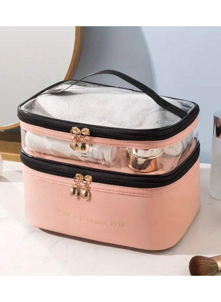 Double Layer Makeup Bag Solid Color PU Transparent Wash Bag Portable INS Fashionable waterproof Travel Portable large capacity Storage Bag