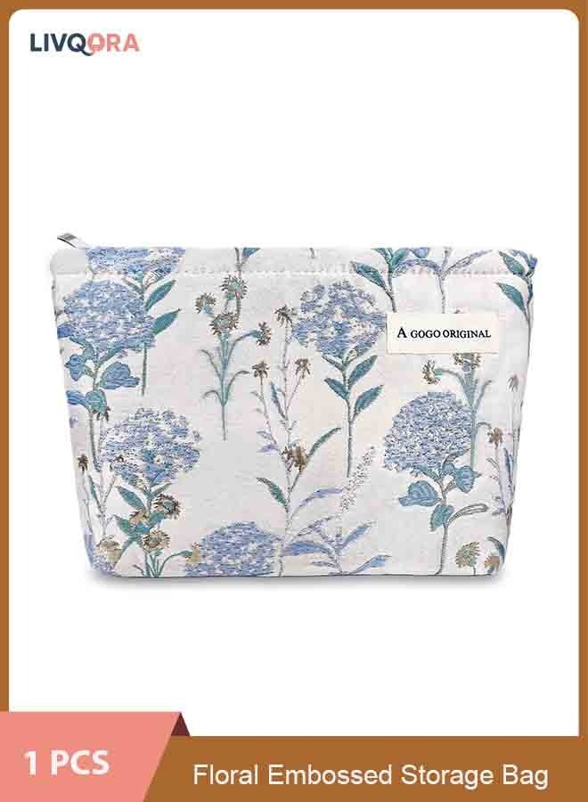 Luxury Makeup Bag for Women, Large Capacity Canvas Toiletry Organizer with Zipper, Floral Oil Painting Embossed Design, Travel Cosmetic Bag (Blue Gold Dandelion)