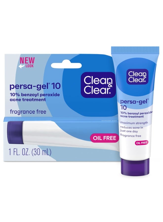 Clean & Clear Persa-Gel 10 Oil-Free Acne Spot Treatment with Maximum Strength 10% Benzoyl Peroxide, Topical Pimple Cream & Gel Medication for Face, Fragrance-Free, 1 fl. oz, 1 Pack