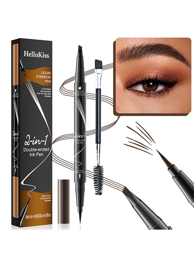 Liquid Eyebrow Pen, 2-In-1 Dual-Ended Ink Pen, 2-In-1 Dual-Ended Eyebrow Pencil with 4-Prong Micro Fork Tip Applicator & Precise Brush Tip Creates Natural Eyebrows, Dark Brown, 1ml+1ml