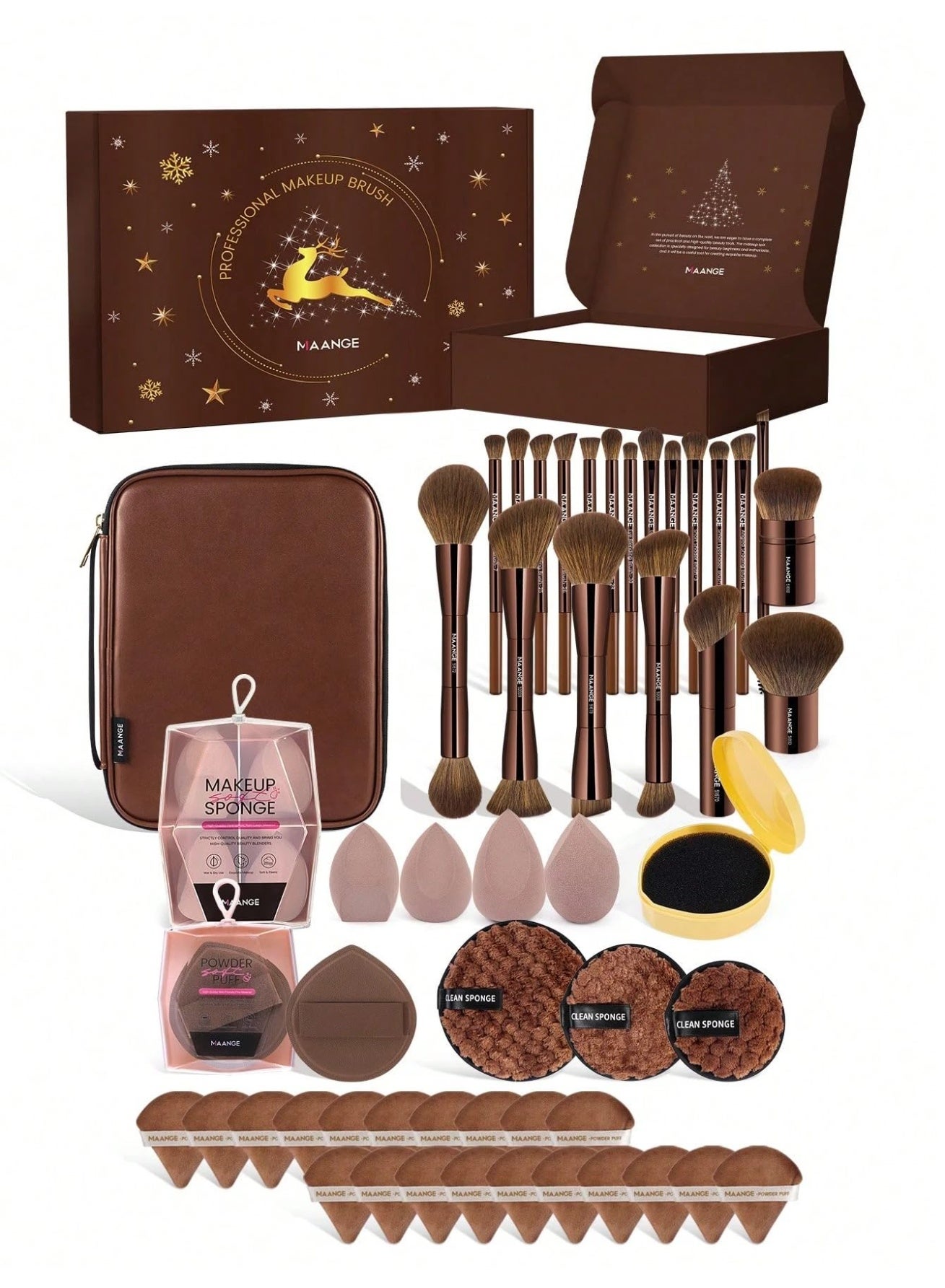 MAANGE 50 Pcs Makeup Brush Set – Includes 20 Premium Aluminum Tube Brushes, Beauty Sponge, Loose Powder Puffs, Remover Pads, Brush Cleaner & Cosmetic Bag – Complete Professional Makeup Tool Kit