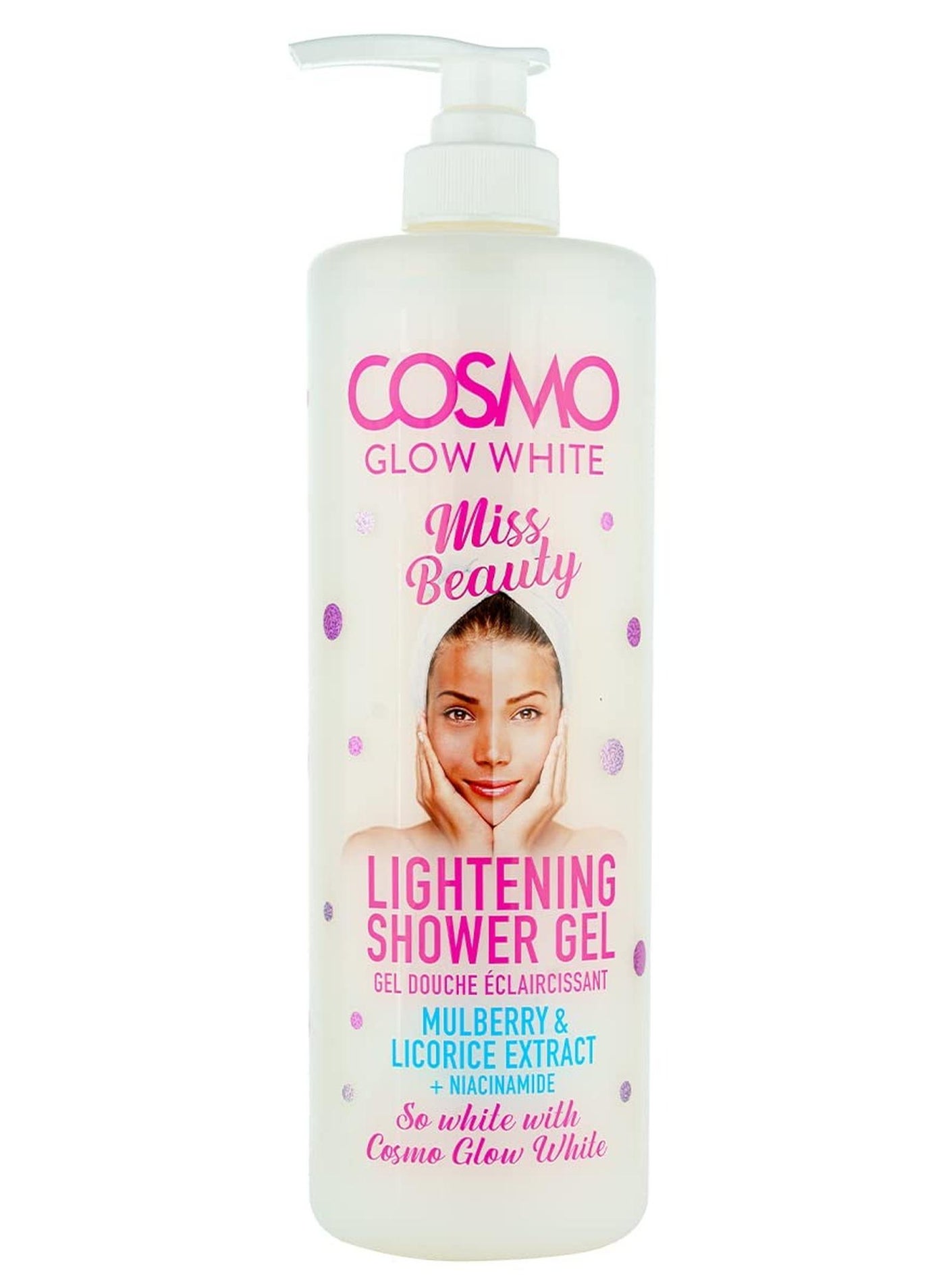 Cosmo Glow White Miss Beauty Lightening Shower Gel 1000ml, Mulberry & Licorine Extract, Help to Decrease the Look of Dark Spots, Gently Cleanses