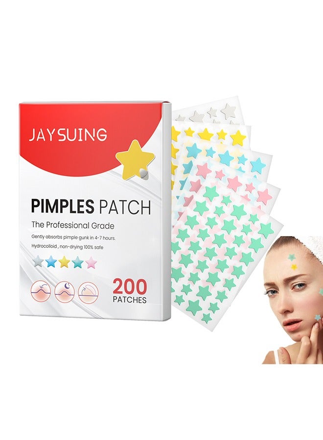200 Pcs Pimple Patch, Hydrocolloid Acne Patches for Face, Colorful Star Pimple Spot Sticker with Hyaluronic Acid, Tea Tree Oil & Centella Oil for Covering Zits and Blemishes