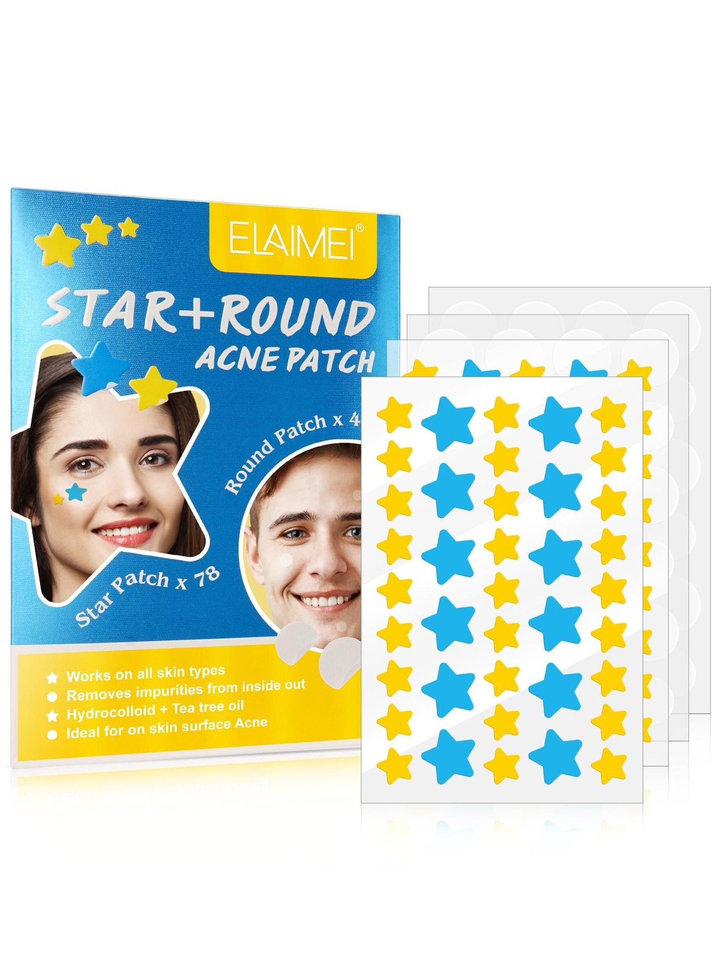 126 Pcs Star+ Round Acne Patches Star Face Hydrocolloid Acne Stickers with Tea Tree Oil + Salicylic Acid Cover Dot for Acne Blemish Pimples Whiteheads Zit Draw Out Oil & Impurities Cute Pimple Patches