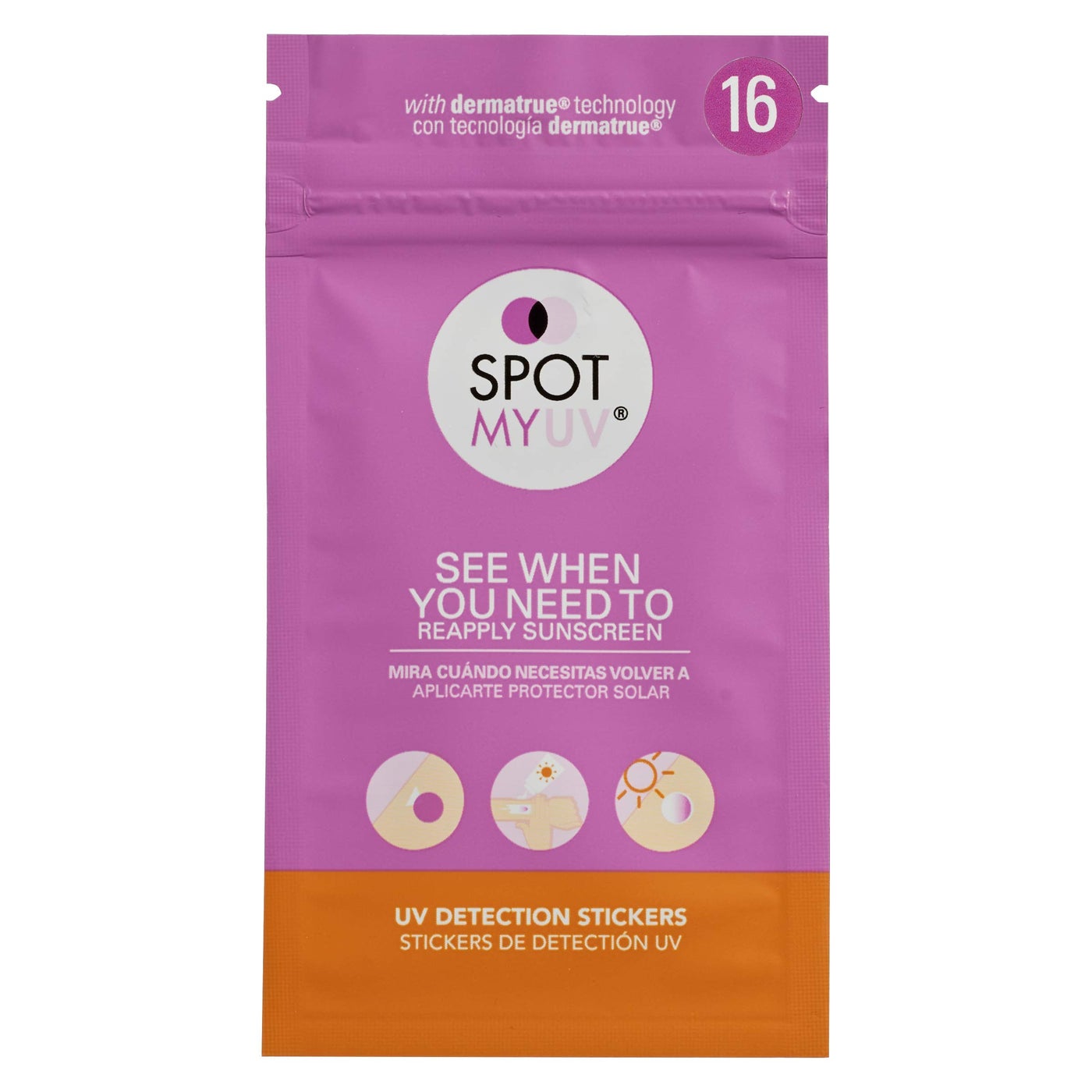 SpotMyUV UV Detection Stickers for Sunscreen with Patented Dermatrue SPF Sensing Technology, Know When to Reapply Sunscreen to Help Prevent Sunburn, 16 Count