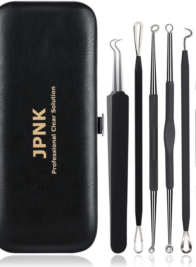 Blackhead Remover Tool Comedones Extractor Acne Removal Kit for Blemish, Whitehead Popping, 6 Pcs Zit Removing for Nose Face Tools with a Leather Bag (Black)