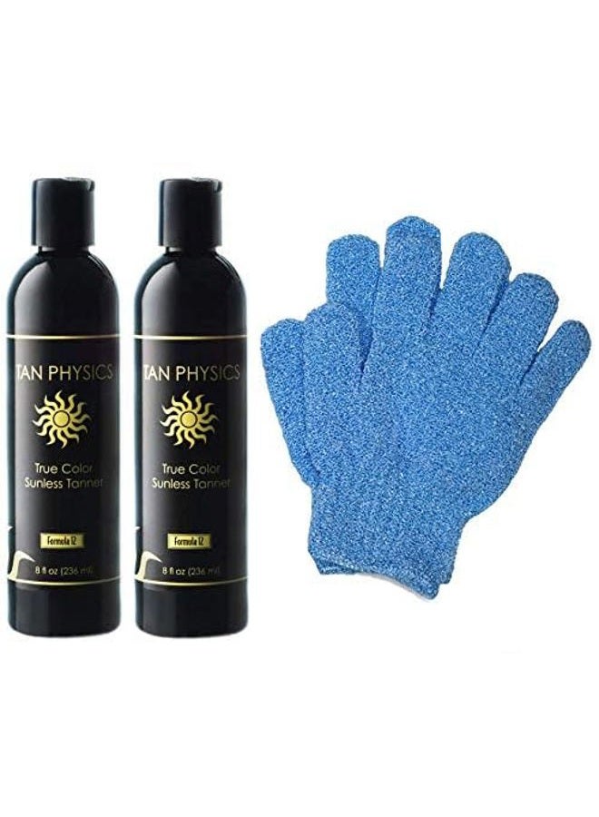 Sunless Tanner 8oz (Pack of 2) with Exfoliation Gloves – Self Tanning Lotion – Instant Tanning Lotion for Face & Body – Natural Self Tanner for a Streak-Free,Long-Lasting Glow