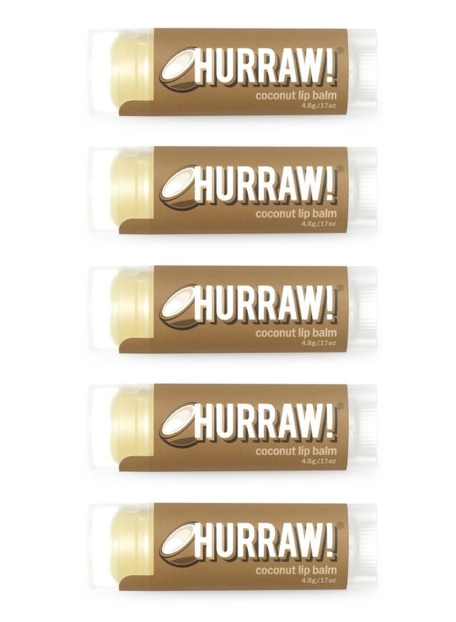 Hurraw! Coconut Lip Balm, 5 Pack: Organic, Certified Vegan, Cruelty and Gluten Free. Non-GMO, 100% Natural Ingredients. Bee, Shea, Soy and Palm Free. Made in USA