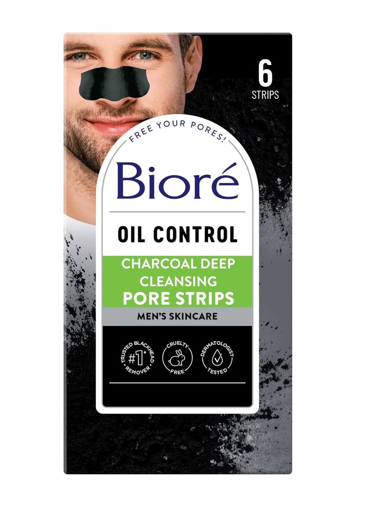Bioré Charcoal Deep Cleansing Pore Strips for Men, Nose Strips for Blackhead Removal on Oily Skin, Features C-Bond Technology with Instant Pore Unclogging, 6 Count