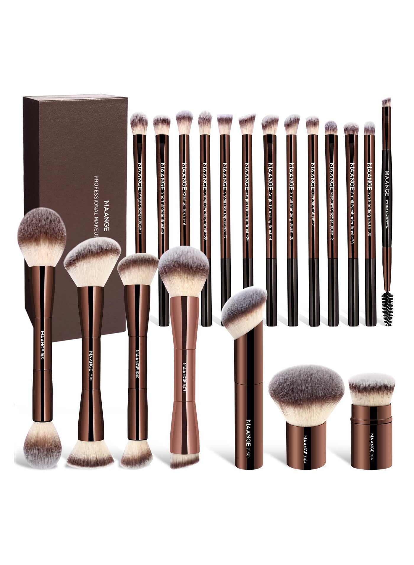 MAANGE 20 Pcs Makeup Brushes with Gift Box, Double-End Multi-functional Makeup Brushes for Blending Liquid Powder Concealer Cream Blush Buffe,CoffeeBrown