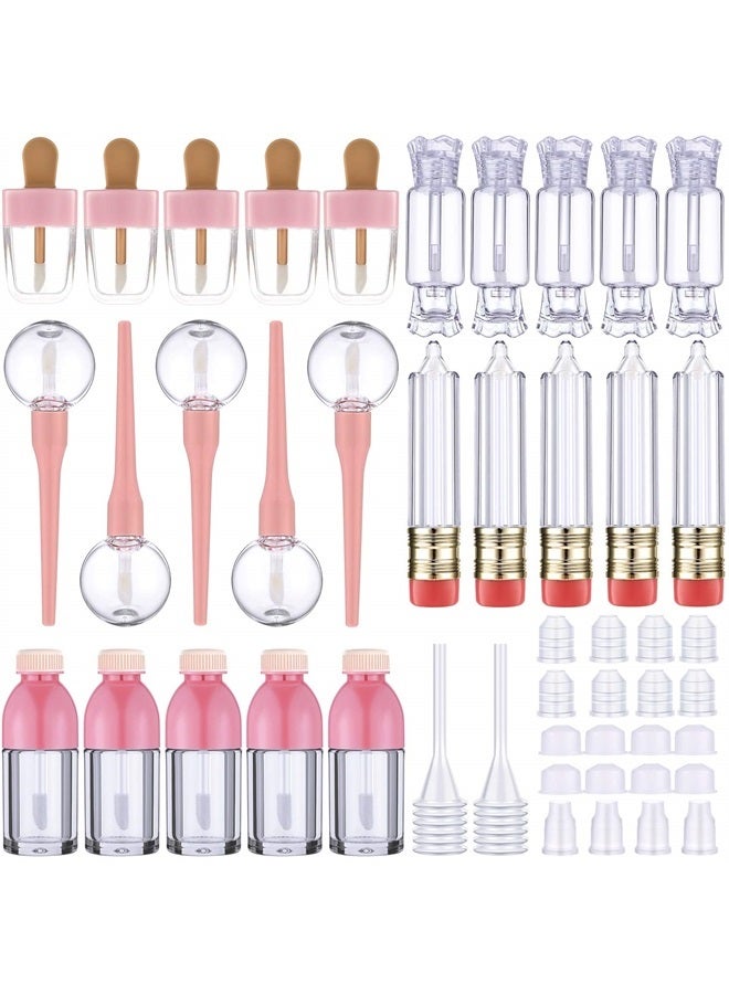 30 Pieces Empty Lip Gloss Tubes Tool Set, Include 25 Pencil Ice Cream Lollipop Bottle Candy Shaped Empty Lip Gloss Bottle Refillable Lip Balm Containers and 5 Plastic Funnels for Women Girls DIY