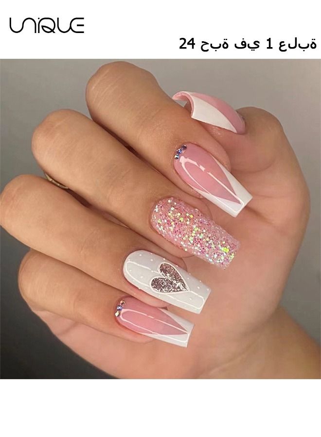 24 Pcs False Nails - Mid-Mid-length Ballet Manicure - Pink Glitter Manicure - Fake Nail Patch