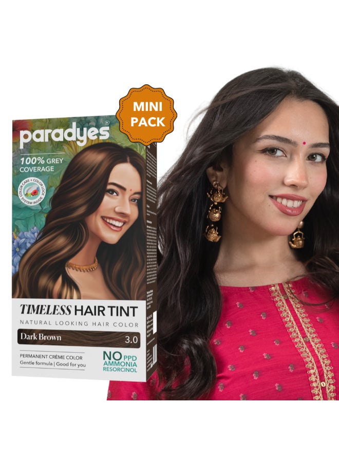 Mini Dark Brown Timeless Hair Tint, Permanent Crème Hair Color for Hair & Beard, Complete Grey Coverage, Formula Free from PPD, Ammonia, & Resorcinol, 3.0 Dark Brown, 60 GRAM