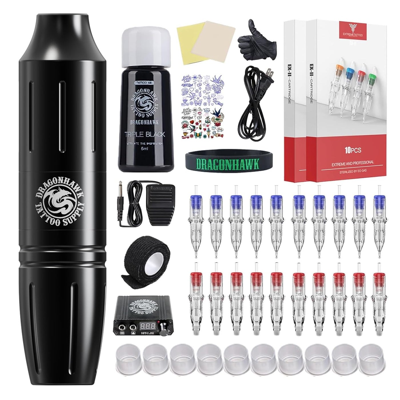 DRAGONHAWK Complete Tattoo Pen Kit Rotary Atom M1 Machine Power Supply 20Pcs Cartridges Needles Foot Pedal