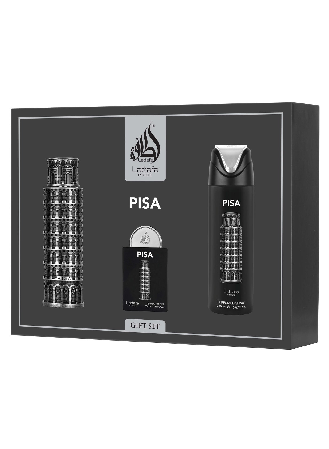 Lattafa Pride 3 Piece Giftset - Pisa EDP 100 ml + EDP 20 ml + Perfumed Spray 200 ml