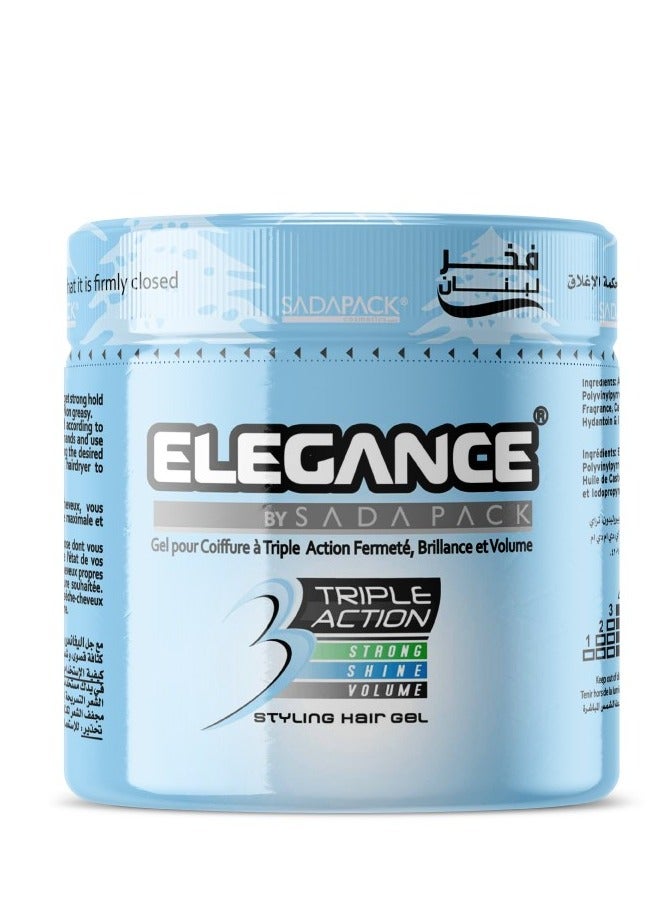 Elegance Triple Action Hair Gel - Blue, 250ml | Strong Hold, Glossy Finish, Flexible Styling