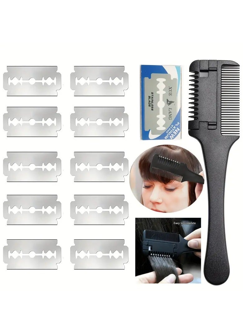 11pcs/set Hair Cutter Comb Hair Thinning Comb With 10pcs Replacement Razors Double Edge Razor