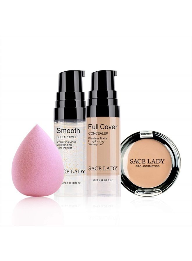 Waterproof Full Coverage Concealer With Primer Sponge Set, Smooth Matte Flawless Creamy Liquid Foundation Corrector Makeup Kit for Face Eye Dark Circles Spot Acne Scar Cover (0.2Fl, Natural)