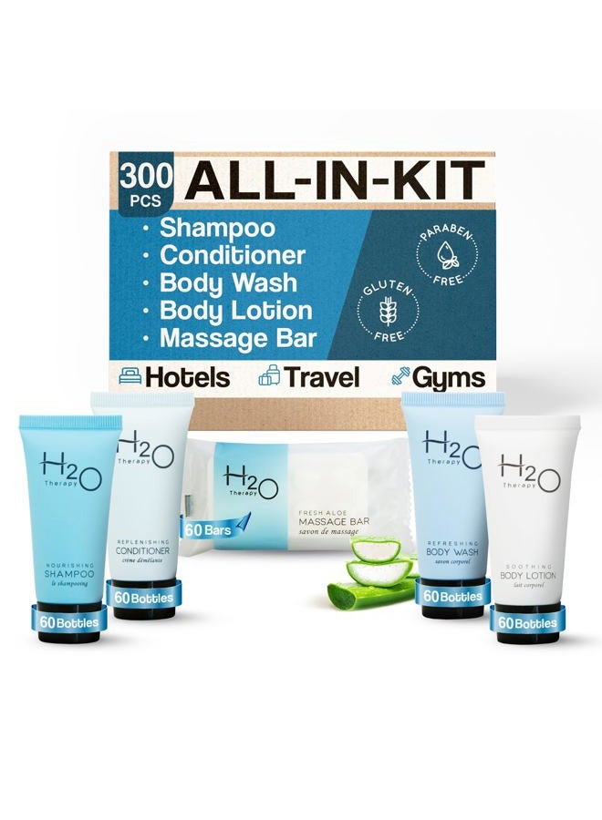 H2O Therapy Hotel Soaps & Toiletries Bulk Set | 1-Shoppe Amenities Kit | 0.85oz Shampoo & Conditioner, Body Wash, Lotion, 1oz Bar Soap | Travel Size | 300 Pieces