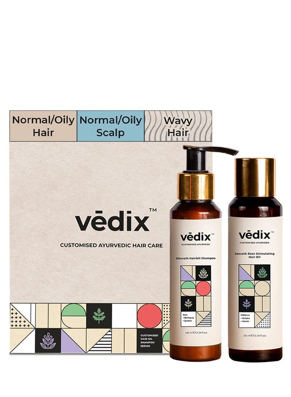 Vedix Ayurvedic Hair Care Combo Pack, Customized Hair Care Kit - Hair Oil + Anti Hair Fall Shampoo for Normal/Oily Hair with Normal-Oily Scalp & Curly-Wavy Hair - 200 ml