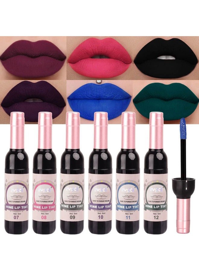 6 Colors Dark Black Blue Green Purple Rose Red Matte Liquid Lipstick for Women, Wine Lip Tint Stain Makeup Sets Long Lasting Waterproof Wine Bottle Colored 24 Hours Lipstick Lip Stain Peel off