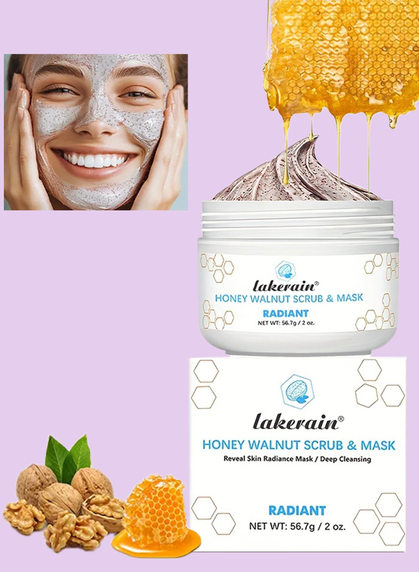Honey Walnut Scrub and Mask 56.7g Improve Scar and Acne with Honey and Aloe Vera Extract for All Skin Types Deep Cleansing Moisturizing Skin Lightening Soothing Facial Scrub