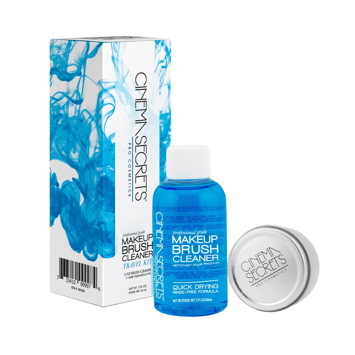 Cinema Secrets Original Blue Vanilla Makeup Brush Cleaner Kit - Professional Cleanser + Cleansing Tin for Makeup Brushes - Quick-Dry, Rinse-Free Formula - Removes Stubborn Waterproof Make Up (2 fl oz)