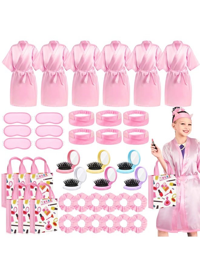 6 Set Spa Party Supplies for Girls, Include 6 Robes 6 Headbands 6 Masks 6 Folding Mini Hairbrush 6 Tote Bags and 12 Scrunchies for Pink Sleepover Party Wedding Birthday(Size 12)