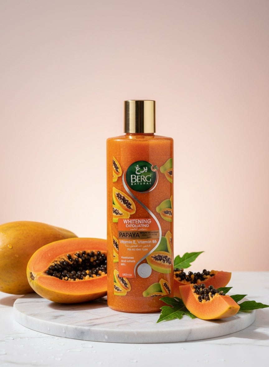 Berg Natural Brightening Papaya Exfoliating Shower Gel & Scrub – Vitamin B₆ & E for Smooth, Soft Skin (500 ml)