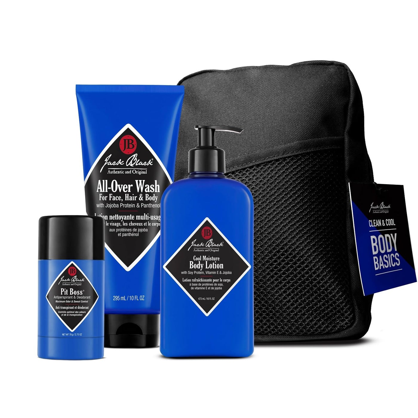 Jack Black All-Over Clean & Cool Body Basics Body Collection Set for Men â€“ Multi-Purpose Mens Body Wash, Pit Boss Men's Deodorant, Body Lotion, Grooming Kit