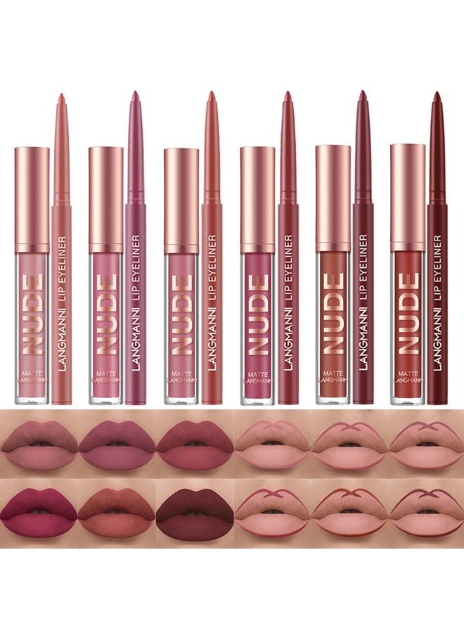 12Pcs Lip Liner and Lipstick Set, 6 Colors Matte Liquid Lip Sticks + 6 Matching Smooth Nude Lip Liner, All in One Waterproof Long Lasting Lip Gloss Lips Make-up Gift Set for Girls and Women(A)