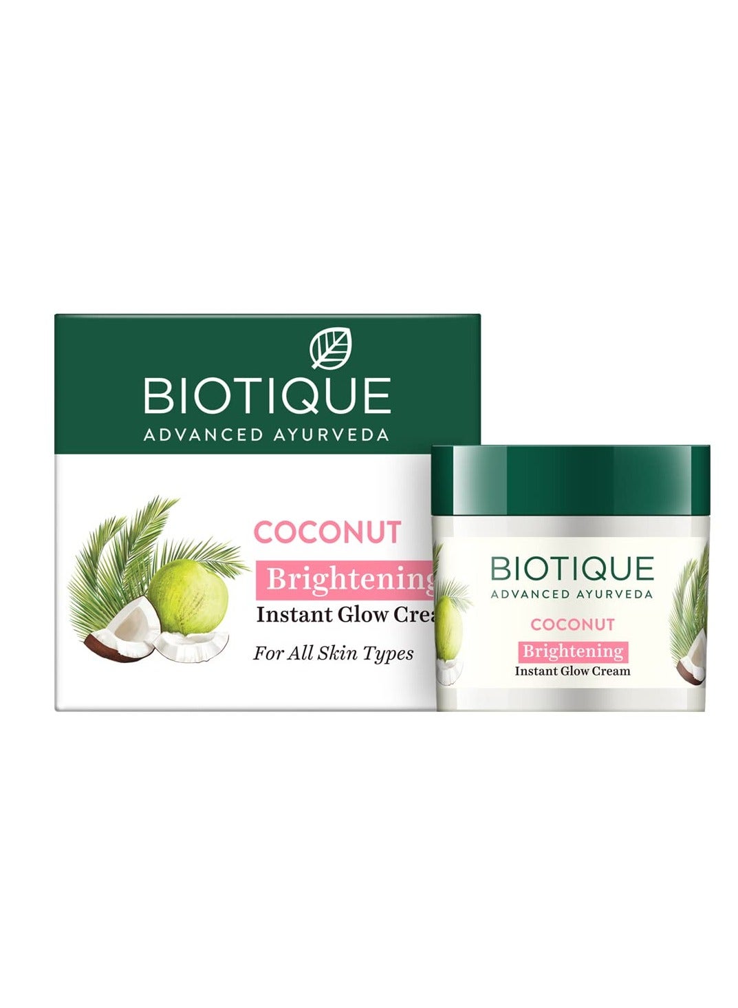 Biotique Coconut Brightening Instant Glow Cream| Lightweight and Non-Greasy | Reduces Dark Spots and Protects Ageing | Nourished and Moisturized Skin |100% Botanical Extracts| All Skin Types | 50gm