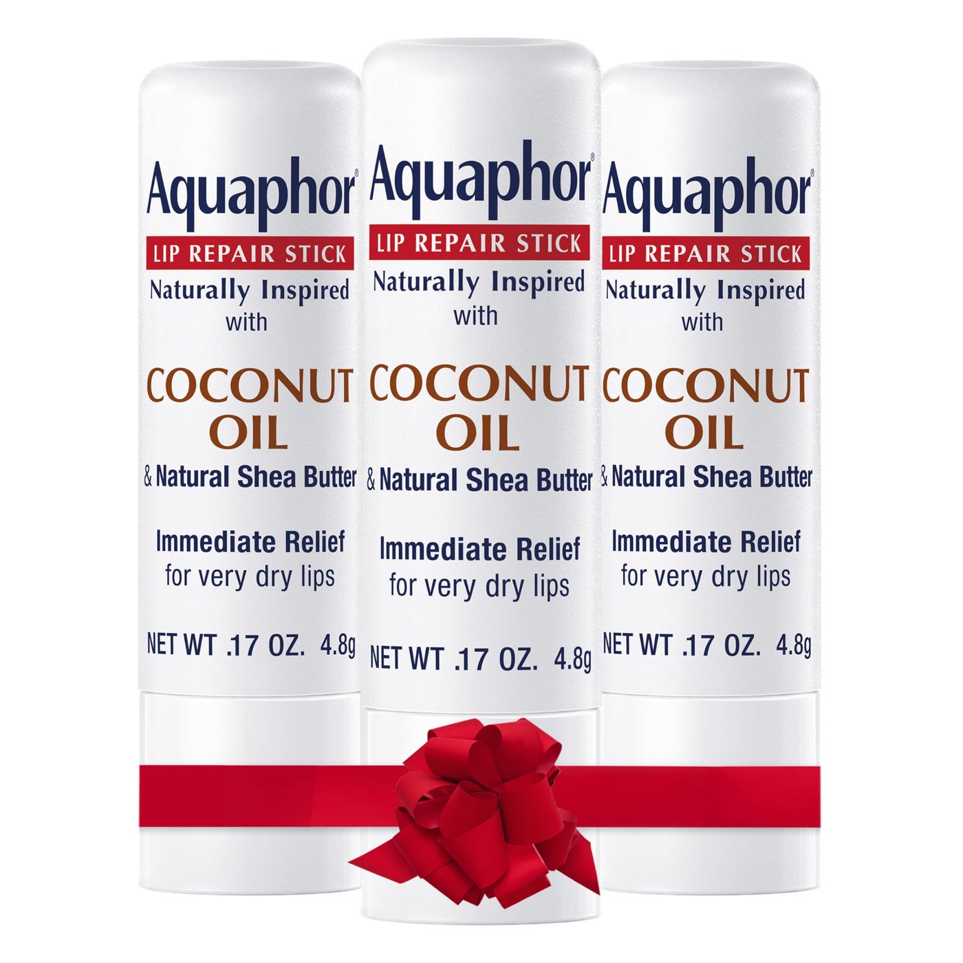 Aquaphor Naturally Inspired Lip Repair Stick with Coconut Oil and Natural Shea Butter, Hydrating Lip Balm Immediately Relieves Dryness and Soothes Chapped Lips, 0.17 Oz Stick, Pack of 3