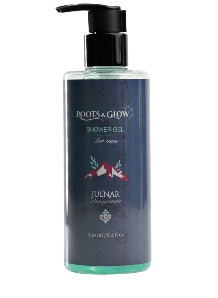 Roots & Glow Mens Body Wash – 250ml Energizing Shower Gel for Men with Pomegranate – Deep Cleansing Bath Soap Liquid – Refreshing Scent – Nourishing and Hydrating Formula – Convenient Pump