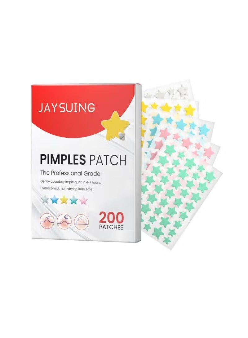200 Pcs Pimple Patches, Hydrocolloid Acne Patches for Face, Colorful Star Pimple Spot Sticker with Hyaluronic Acid, Tea Tree Oil & Centella Oil for Covering Zits and Blemishes
