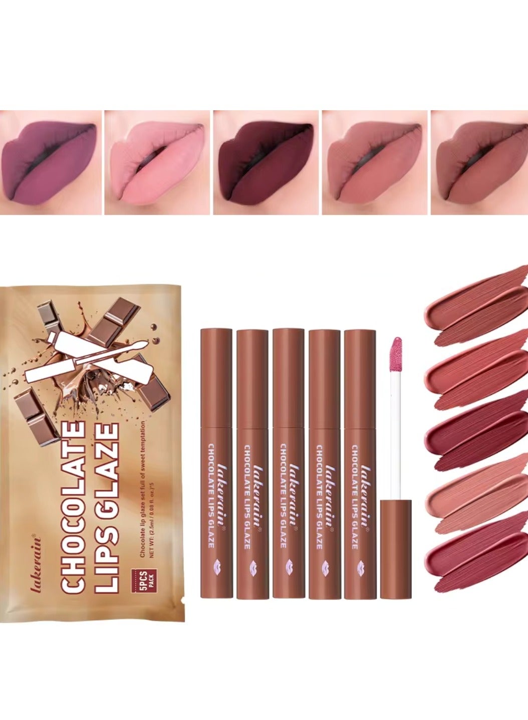 5Pcs Chocolate Lips Glaze 12H Long Lasting Waterproof Smooth Matte Finish Chocolate Lips Glaze Lip Color Nourishing Smooth Lipstick Set Lip Liner Liquid Lipstick Set 01