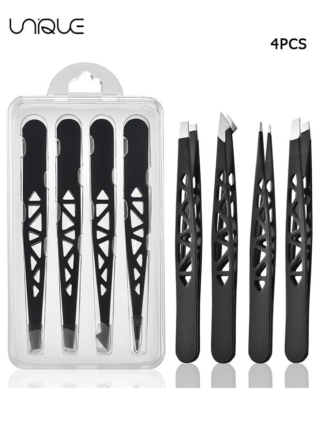 Tweezers Set - 4 Pcs Eyebrow Tweezers for Women - Tweezers for Women Facial Hair - Precision Tweezer for Ingrown Hair - Facial Hair - for Women and Men - Black