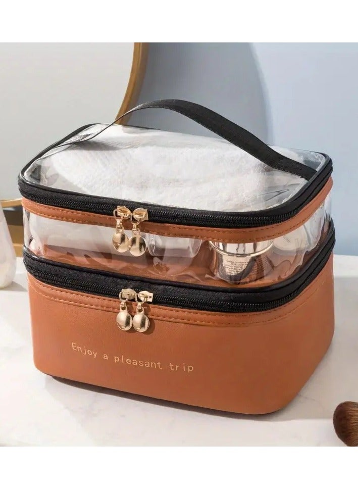 Double Layer Makeup Bag Solid Color PU Transparent Wash Bag Portable INS Fashionable waterproof Travel Portable large capacity Storage Bag