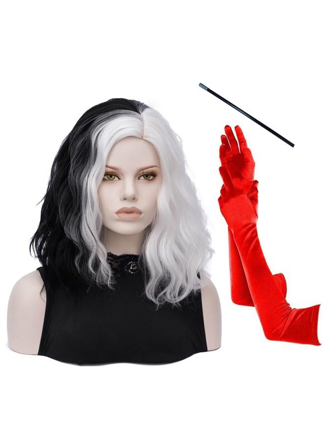 Short Curly Shoulder Length Full Bang Women Bob Wig for Cruella Costume Women for Halloween Party Costume (Black and White With accessories)