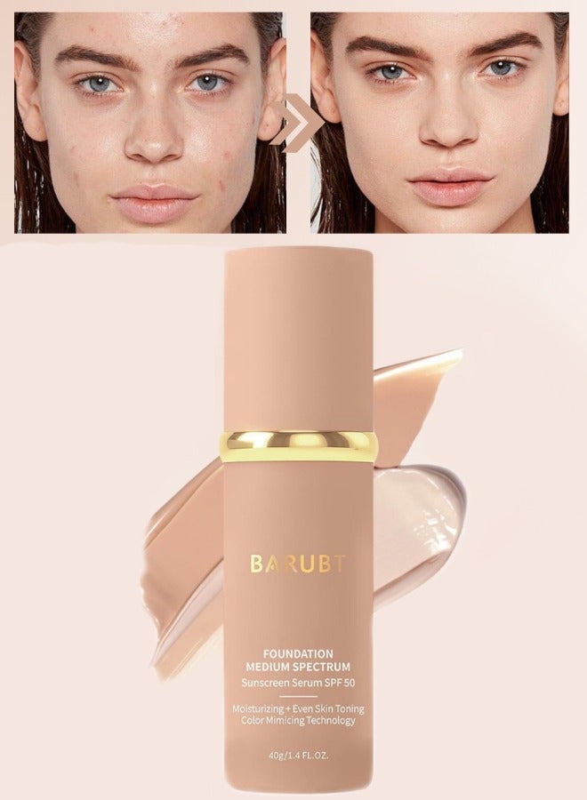 Foundation Medium Spectrum 4 in 1 Anti Aging Concealer Sun Protection Moisturizing Foundation Liquid with SPF 50+ Hydrating Color Changing Cream Sweatproof Waterproof Makeup Sunscreen Serum Foundation 40g