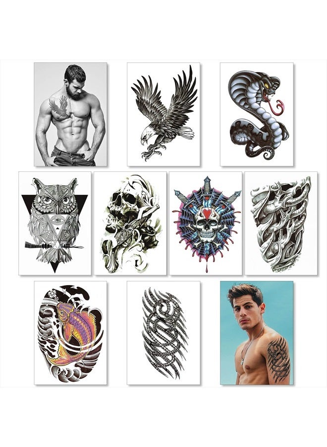 Temporary Tattoos For Men Guys Boys & Teens - Fake Half Arm Tattoos Sleeves For Arms Shoulders Chest Back Legs Eagle Snake Owl Skull Cyborg Carp Fish Realistic Waterproof Transfers 8 Sheets 8x6"