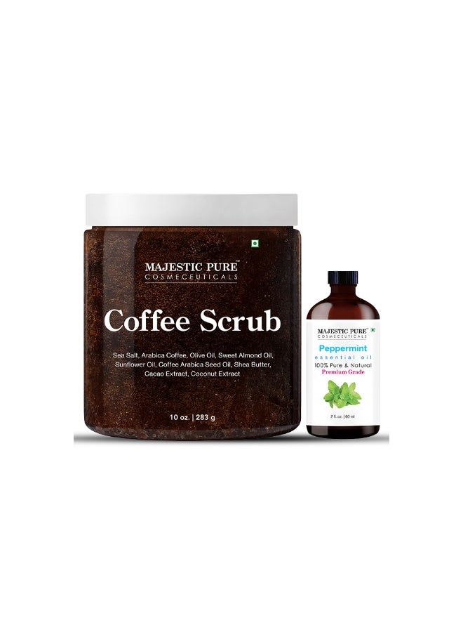 Pack of 2 Peppermint Essential Oil 60ml & Coffee Body Scrub 118ml | Aromatherapy & | Exfoliating Skin Care Combo