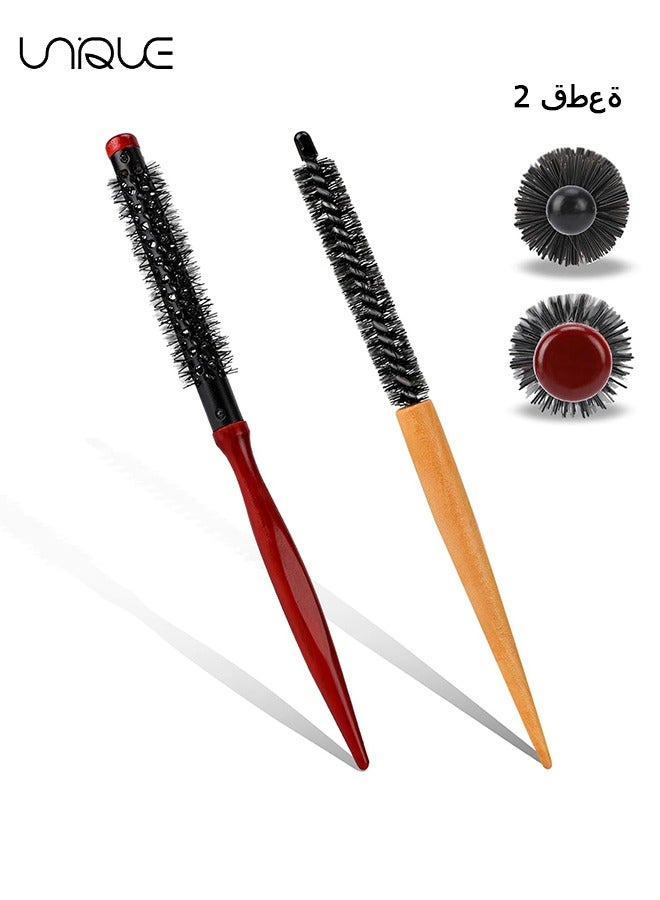 Small Round Hair Brush Set,2 Pcs Mini Curling Brush Roller Brush with Wooden Handle Nylon Bristles Hair Brushes Salon Hairdressing Brushes for Blow Drying Curly Hair Styling Bangs Lifting Beard Care