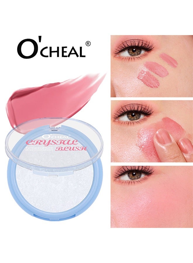 Crystal Temperature Discoloration Blush-for Natural Makeup Look ,Color Changing Rouge for Cheek and Lips Waterproof Blush Gel Glossy Shiny Finish Blush Makeup Moisturizing Blush
