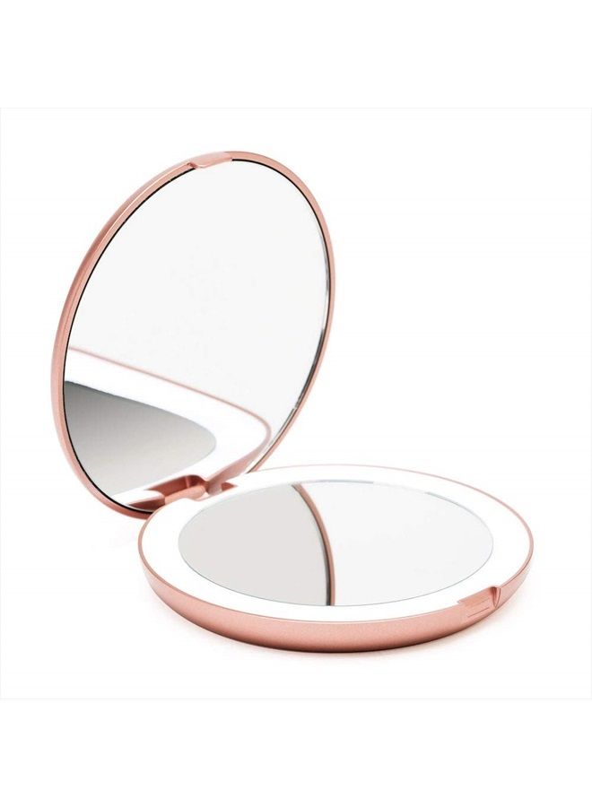 LED Lighted Travel Makeup Mirror, 1x/10x Magnification - Daylight LED, Compact, Portable, Large 5" Wide Illuminated Folding Mirror (Lumi) Rose Gold