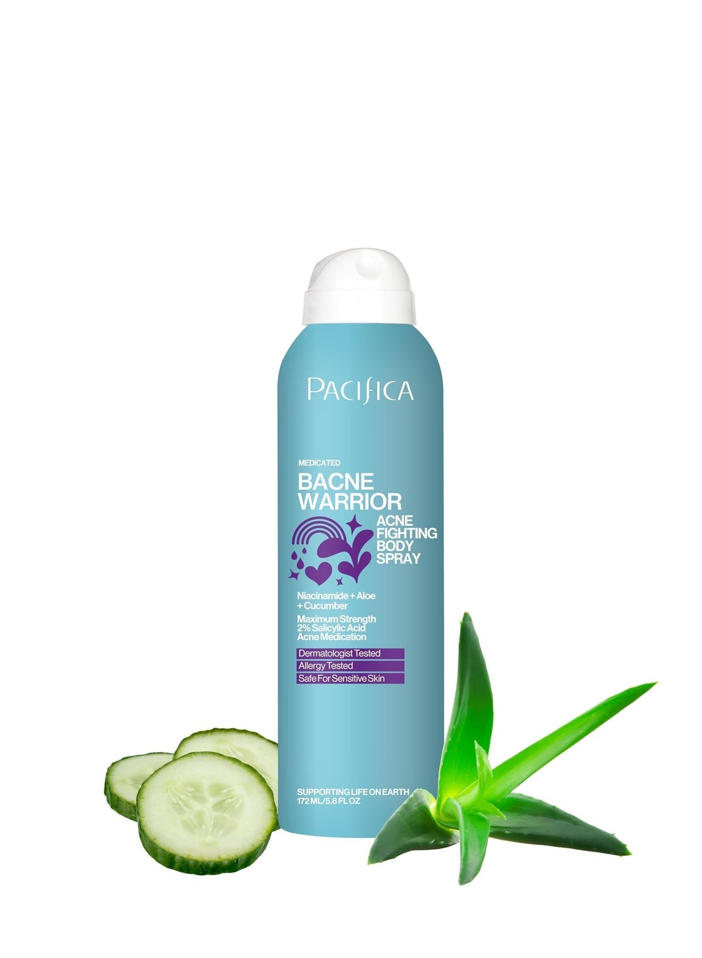 Pacifica Bacne Warrior - Bacne Salicylic Acid Spray, Back Acne Treatment Spray with 2% Salicylic Acid, Niacinamide, and Aloe, Body Acne Warrior for Body, Chest, and Back, Dermatologist Tested- 6 Fl Oz Packaging May Vary